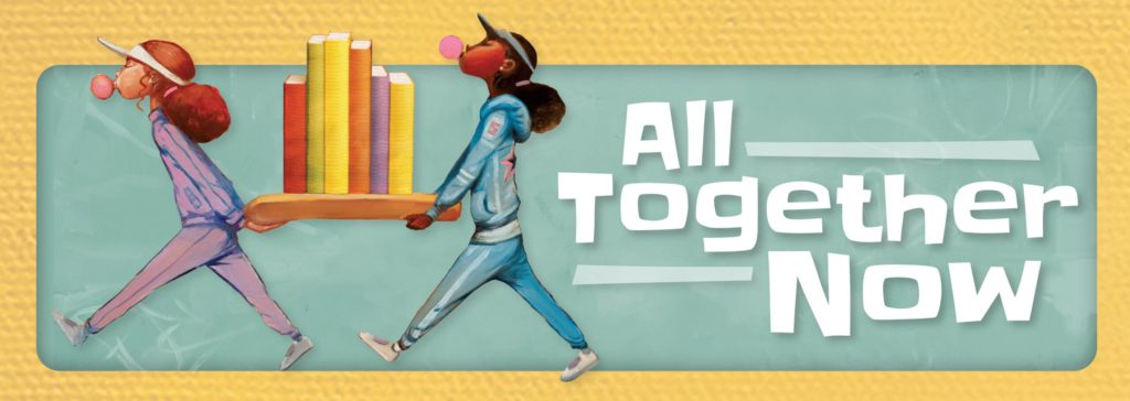 All Together Now Summer Reading 2023 logo, two children carrying books